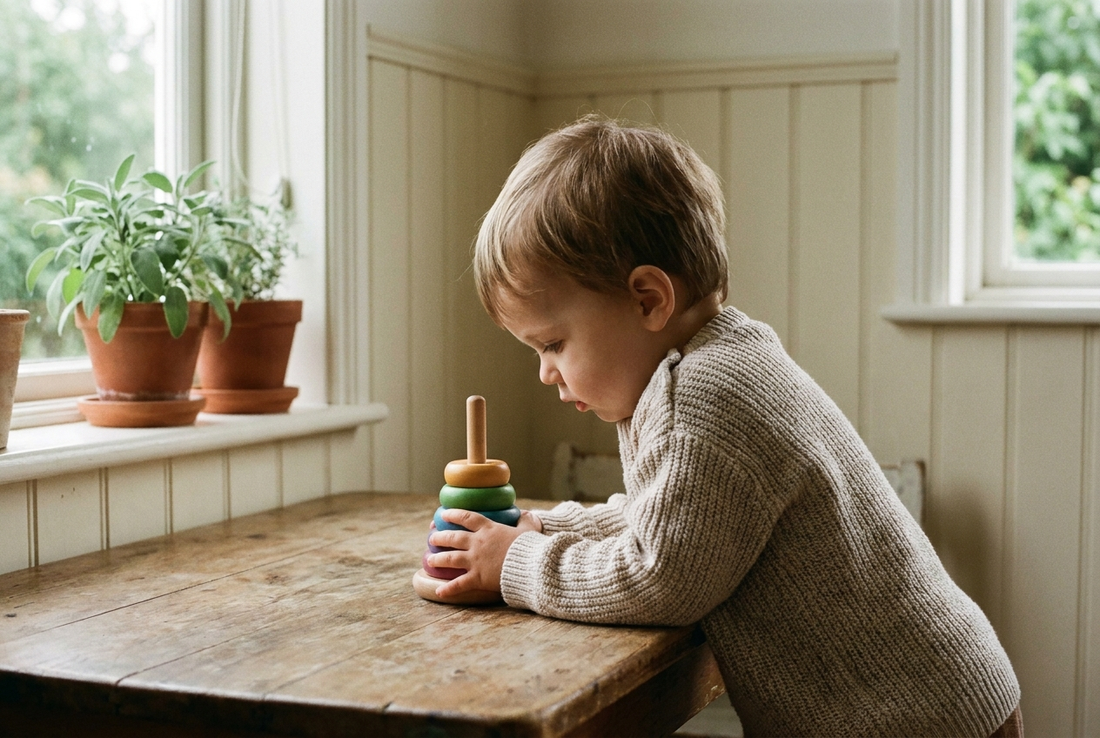 A toddler absorbed in a wooden rainbow stacking toy beside a sunlit window