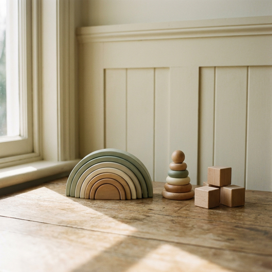 Wooden Montessori toys — rainbow stacking arch, stacking rings and beech blocks on a timber table