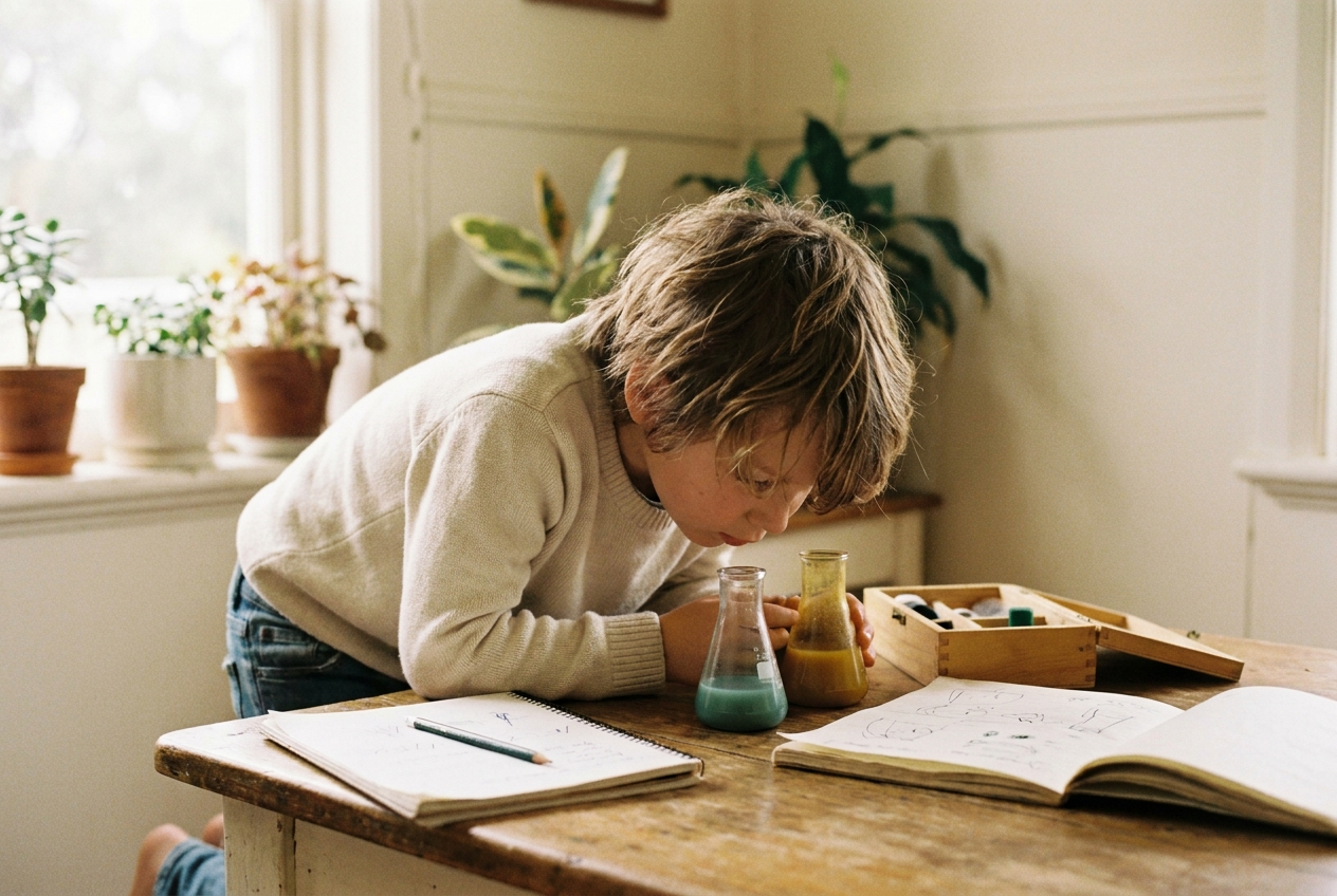 A school-age child absorbed in a science experiment kit at the kitchen table