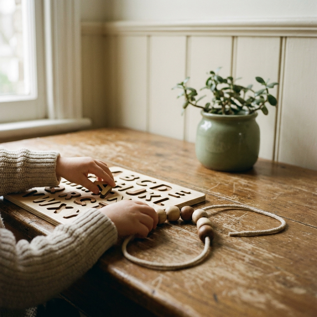 Wooden alphabet puzzle pieces and threading beads on a sunlit timber table