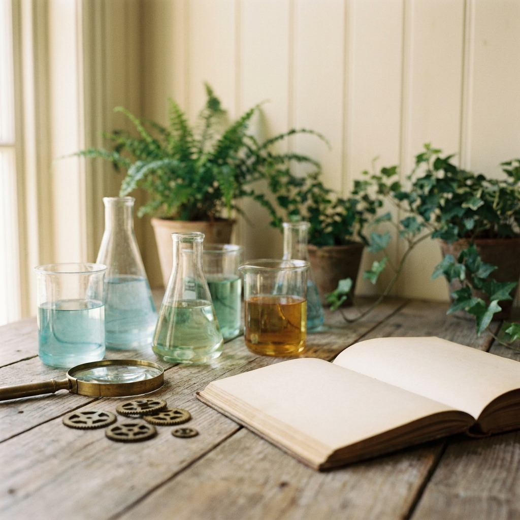 Science kit with glass beakers, magnifying glass and brass gears on a timber table