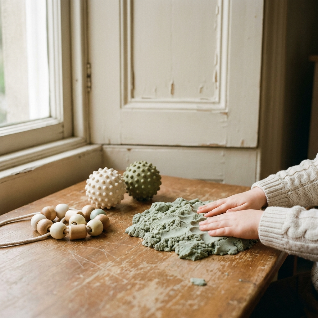 Kinetic sand, textured sensory balls and threading beads on a timber table