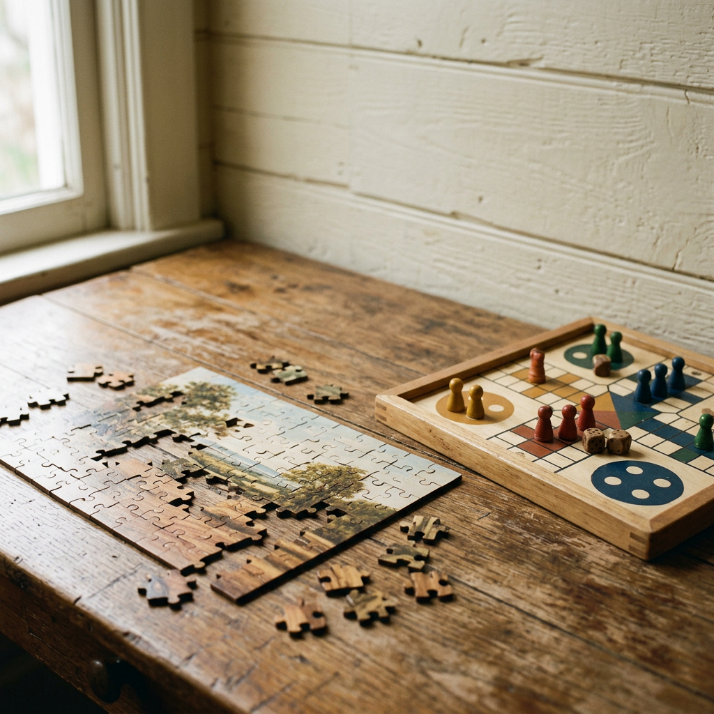 Wooden jigsaw pieces and a small board game with dice on a timber table