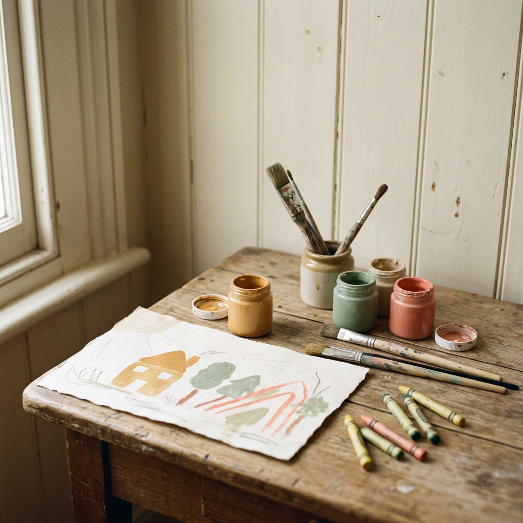 Pots of poster paint, brushes, crayons and a child's painting on a timber table
