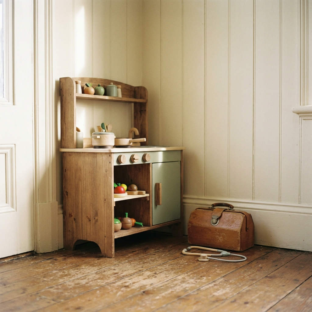 Wooden toy kitchen with play food and a wooden doctor's kit