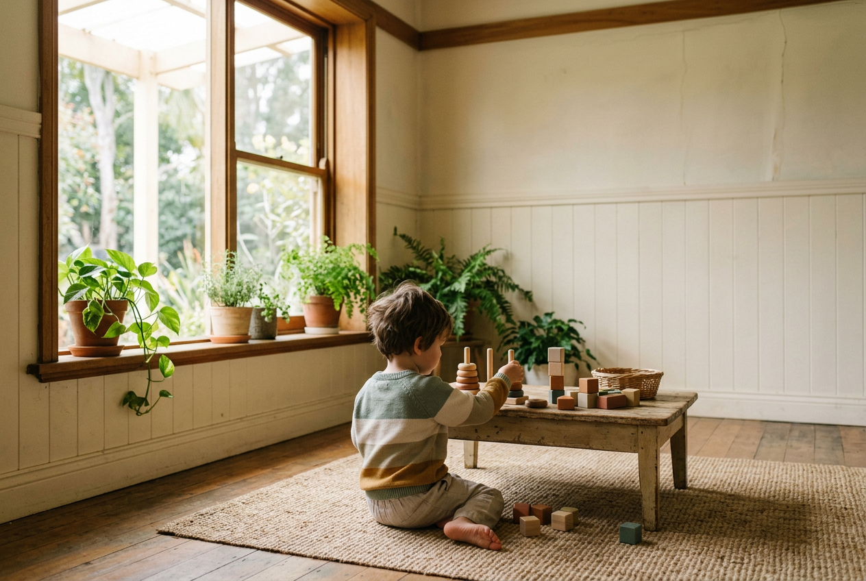 A young child playing with wooden stacking toys on a rug in a sunlit Australian living room