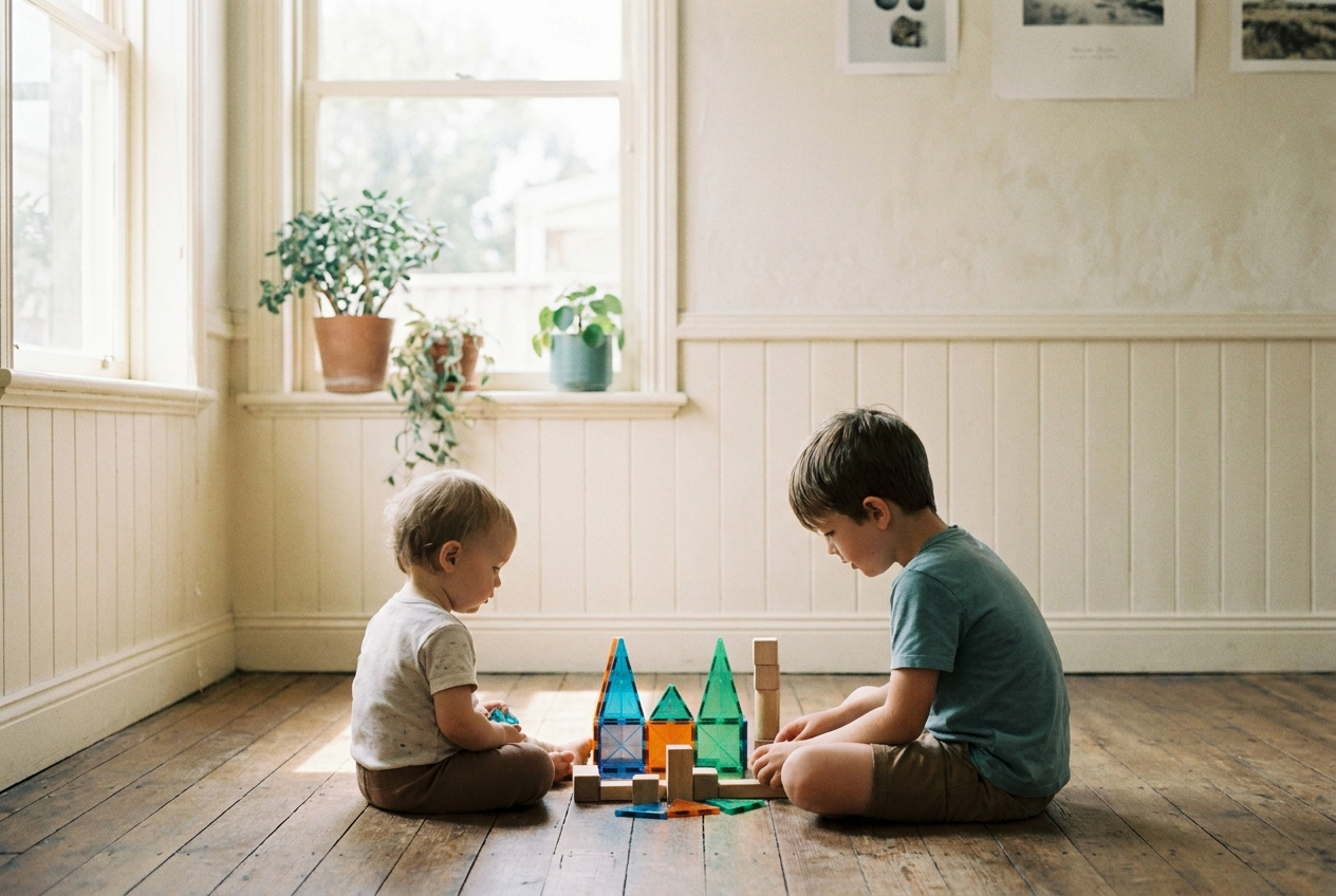 Two children building together with magnetic tiles and wooden blocks on a sunlit timber floor